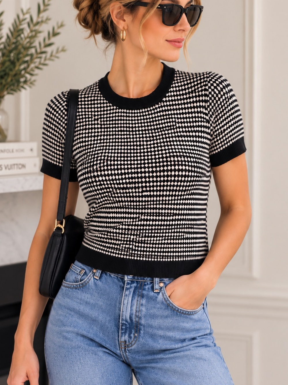 Zara Knit Black White Textured Short Sleeve Sweater Top Medium Preppy Chic